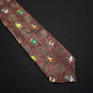 Vintage 1993 Looney Tunes Mania Character Burgundy Medallion Print Necktie Men